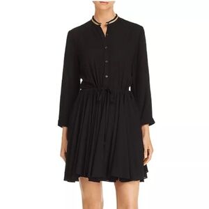 Black Long-Sleeve Drawstring Waist Shirt Dress